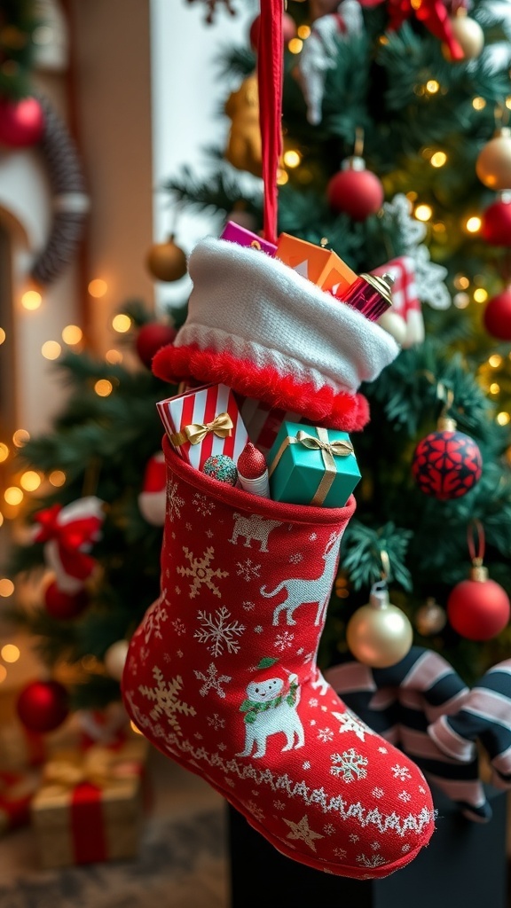 A vibrant Christmas stocking filled with assorted small gifts and treats, surrounded by holiday decorations.